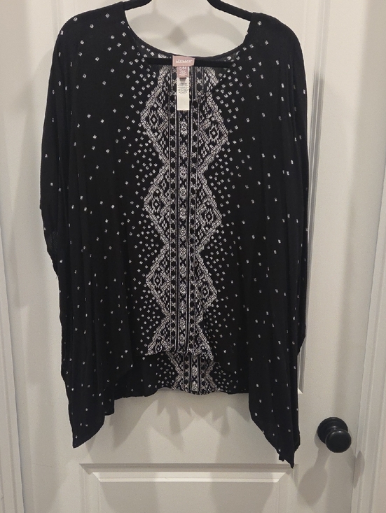 Chico's Tops - Chico's Black Poncho with White Geometric Embroidery